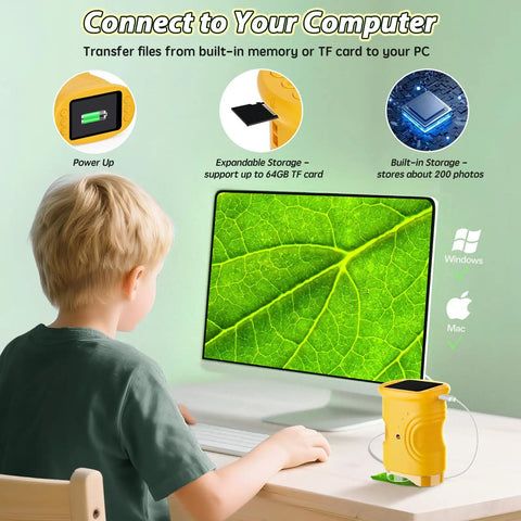 Kids 1000X Digital Microscope With 1080P HD Screen Handheld Science Toy connected to PC, yellow plastic, for leaf close-up viewing