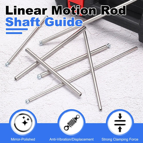 Linear Motion Rod Shaft Guide Kit Pro Grade Quality, stainless steel rods on white background, with icons of features.