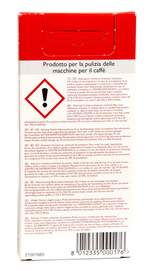Back of packaging for Coffee Cleaning Tablets For Espresso Machines Biodegradable Non Toxic Safe For Semi And Super Automatic Brew Units Each Tablet Lifts Coffee Residue For Peak Performance Six Individually Sealed Tablets Per Box Perfect For Brew Group Filters.