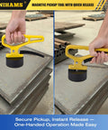 Magnetic Pickup Tool With Quick Release lifting metal sheets with ergonomic handle and neodymium power in scrap yard.