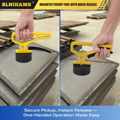 Magnetic Pickup Tool With Quick Release lifting metal sheets with ergonomic handle and neodymium power in scrap yard.