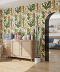 Room with Desert Cactus Peel And Stick Wallpaper Floral Cacti Pattern For Walls Cabinets And Bathrooms, showing vibrant cacti design.