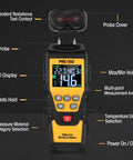 7 In 1 Digital Wood Moisture Meter For Firewood And Woodworking Pin Type Tester, showing labels of features and functions.
