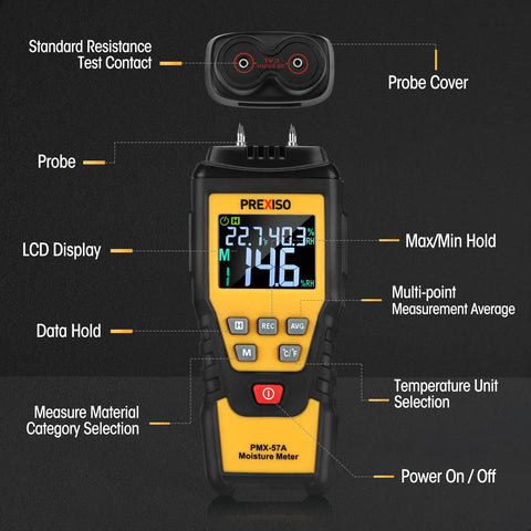 7 In 1 Digital Wood Moisture Meter For Firewood And Woodworking Pin Type Tester, showing labels of features and functions.