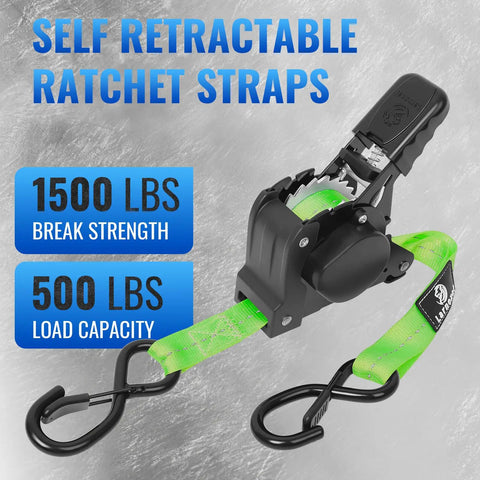 Heavy Duty Ratchet Straps One Inch By 10 Feet Four Pack Green 1500 Lb showing ratchet mechanism and hooks for secure load.