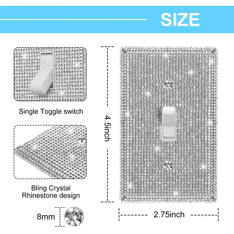 Two Piece Bling Light Switch Cover Set With Silver Rhinestones Stainless Steel Wall Plate For Single Toggle Switch