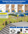 Diagram of WoodEasy cable railing system for stairs, showing 20 Pairs Cable Railing Hardware Kit for Wood Posts and installation process.