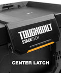 Close-up of StackTech XL Tool Box Organizer With Locking System And Removable Tray Heavy Duty Tool Storage center latch.