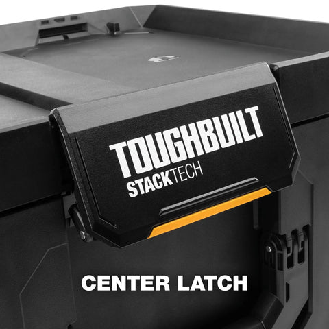 Close-up of StackTech XL Tool Box Organizer With Locking System And Removable Tray Heavy Duty Tool Storage center latch.