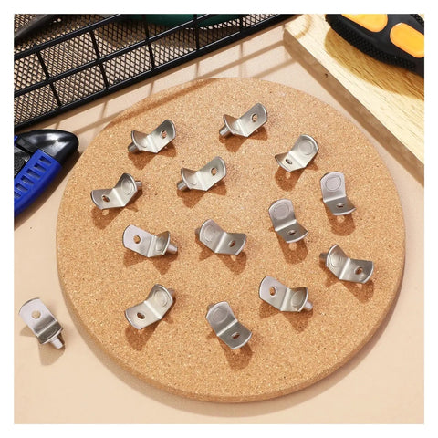 Heavy Duty L Shape Shelf Brackets Pins Set for Kitchen Cabinets Bookcases and Closets on cork board with tools nearby