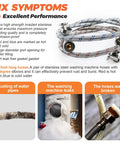 6Ft Stainless Steel Washer Hoses With 90 Degree Elbows Burst Proof Three Quarter FHT Standard Thread Two Pack Red And Blue Braided Hot And Cold Water Supply Lines Built Tough With 10 Year Warranty shown coiled with labels for rust and leak prevention.