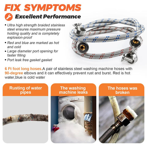 6Ft Stainless Steel Washer Hoses With 90 Degree Elbows Burst Proof Three Quarter FHT Standard Thread Two Pack Red And Blue Braided Hot And Cold Water Supply Lines Built Tough With 10 Year Warranty shown coiled with labels for rust and leak prevention.