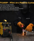 65 Amp Plasma Cutter With Pilot Arc HF Non-Touch, STC650P, Dual Voltage 110 And 220V, operator cutting metal sheet