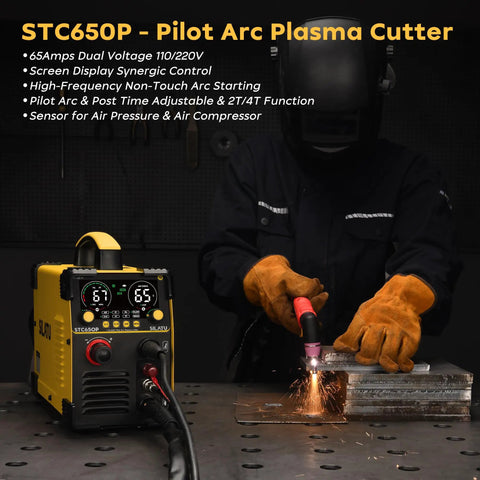 65 Amp Plasma Cutter With Pilot Arc HF Non-Touch, STC650P, Dual Voltage 110 And 220V, operator cutting metal sheet