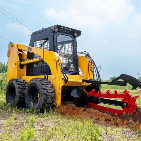 Universal Skid Steer Trencher Attachment 59 Inch Trenching Depth for Clay Sand and Rocky Soil at work, attached to Bobcat skid steer