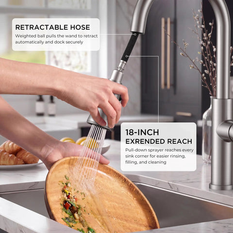 FORIOUS Kitchen Faucet with Pull Down Sprayer, High Arc, Brushed Nickel 18-inch reach in use for rinsing a wooden plate.