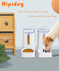 Two Pack Automatic Pet Feeder And Gravity Water Dispenser For Cats And Dogs with a dog enjoying food and water in a modern home.