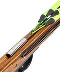 Woody Elite Custom Pro Grade Speargun for Spearfishing and Freediving with mahogany barrel, stainless shaft, open muzzle close-up view