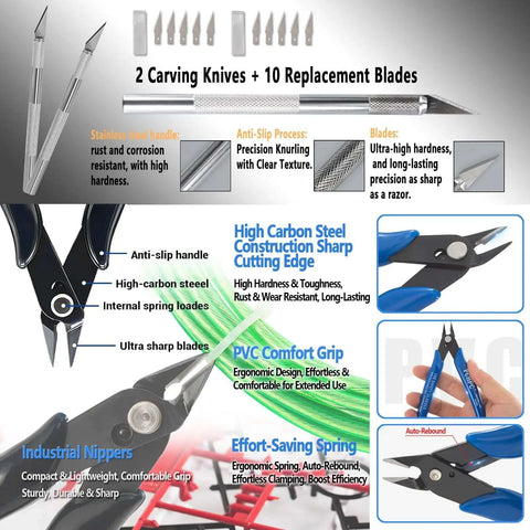All In One 82 Piece 3D Printer Tool Kit In Durable Case With PTFE Cutter Deburring Tools and industrial nippers on display.