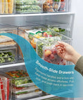 Crystal Clear Freezer Storage Bins Set 2 Pack Or 4 Pack With Easy Grab Handles, Stackable Freezer Organizer Bins filled with food in fridge