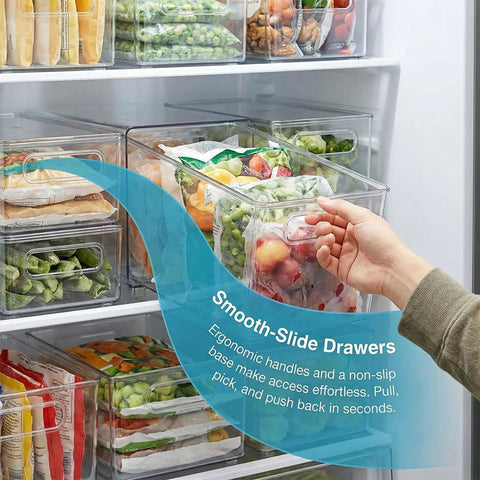 Crystal Clear Freezer Storage Bins Set 2 Pack Or 4 Pack With Easy Grab Handles, Stackable Freezer Organizer Bins filled with food in fridge