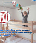 Rock Solid 10 Pack Red Fire Sprinkler Head Guards With Double Hook Mounting above a child's bunk bed for pipe protection.