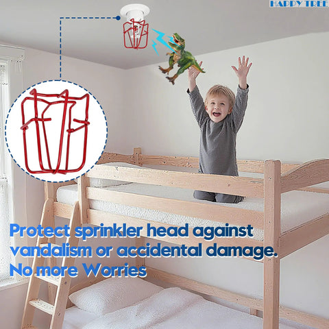 Rock Solid 10 Pack Red Fire Sprinkler Head Guards With Double Hook Mounting above a child's bunk bed for pipe protection.