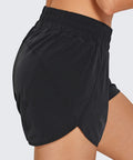 Side view of black Dolphin Hem Athletic Shorts, 3 inch inseam, high rise, ultra soft lightweight quick dry fabric, comfy dolphin hem.