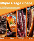 Multiple usage scene showing duck, fish, preserved sausage, and pork dehydrated with the Game Changing Commercial Food Dehydrator Rocking A Sleek Rotary Drum Built Tough From Stainless Steel With Bulletproof Digital Controls And Spot On Temperature Adjustments For Whopping Thirty Kilogram Batches Ready To Roll.