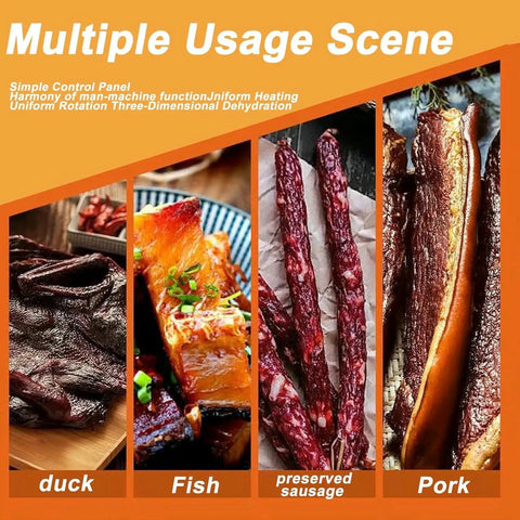 Multiple usage scene showing duck, fish, preserved sausage, and pork dehydrated with the Game Changing Commercial Food Dehydrator Rocking A Sleek Rotary Drum Built Tough From Stainless Steel With Bulletproof Digital Controls And Spot On Temperature Adjustments For Whopping Thirty Kilogram Batches Ready To Roll.