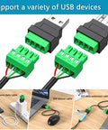 USB 2.0 Type A To 4 Pin Terminal Block Connector Adapter Pack shown with uses like phone cable, mouse connection, and data extension.
