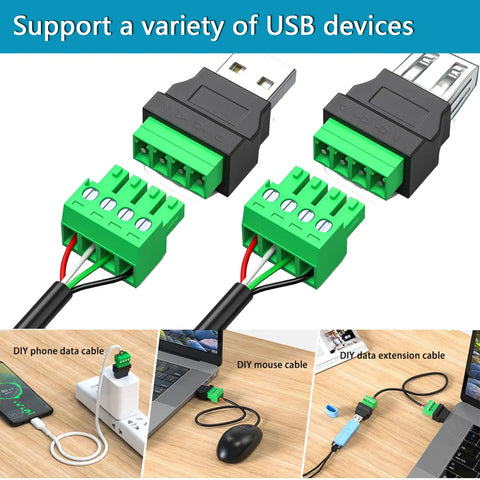 USB 2.0 Type A To 4 Pin Terminal Block Connector Adapter Pack shown with uses like phone cable, mouse connection, and data extension.
