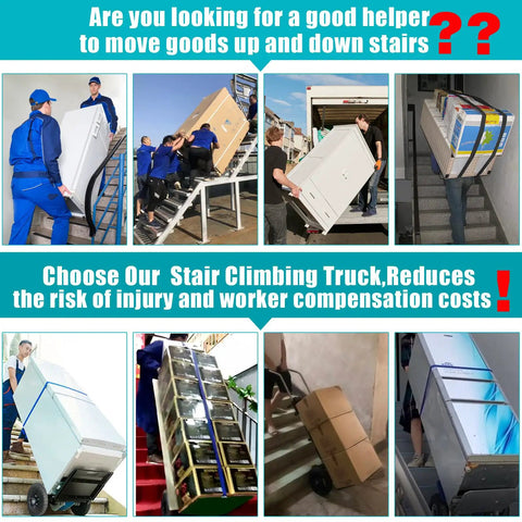 Heavy Duty Electric Stair Climber Dolly Cart with Motorized Motor, 880 Lb Capacity Folding Hand Truck transporting a refrigerator upstairs.