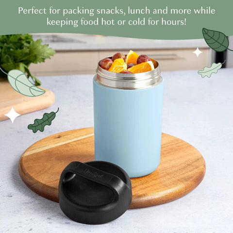 Heavy Duty Double Wall Vacuum Sealed Stainless Steel Food Jar With Rugged Carry Handle Lid Keeps Your Lunch Sizzling Hot All Day Leakproof Grab And Go Sixteen Oz Sky Blue with fruit inside on wooden surface.