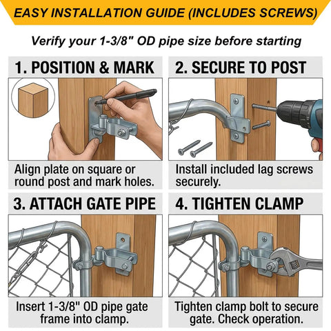 Installation guide for Heavy Duty Wall Mount Gate Hinges For 1 3 8 Inch Pipe Frames showcasing marking, securing, and tightening steps.