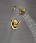Classic Monitor 13 Series Shower Trim With Single Lever Handle, Brass Detailing, Ready For R10000-UNBX in use, showing water flow