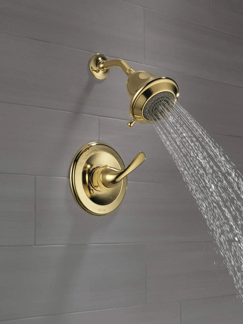 Classic Monitor 13 Series Shower Trim With Single Lever Handle, Brass Detailing, Ready For R10000-UNBX in use, showing water flow