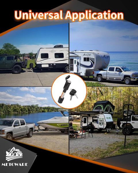 Collage showing Five Eighth Inch Locking Trailer Hitch Pin Anti Theft Receiver Lock installed on various towing vehicles.