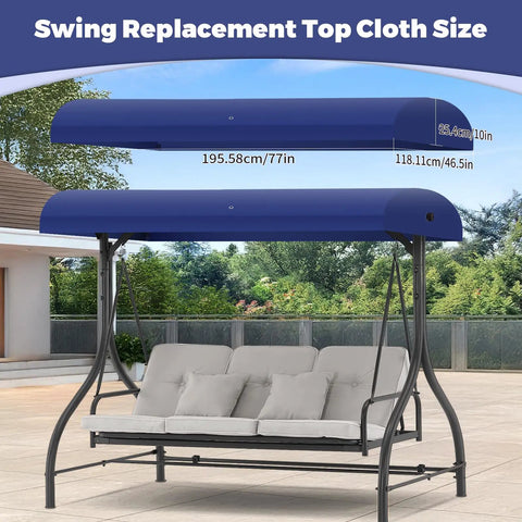 Canopy Replacement Top for GT Porch Swing Model GCS00229C Blue with size dimensions shown outdoors