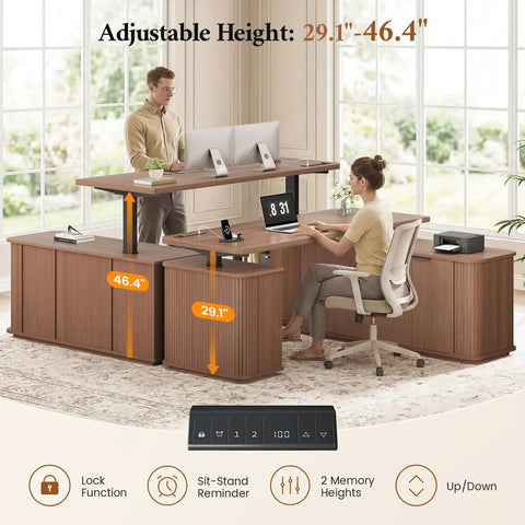 Hustle Ready L Shaped Electric Standing Desk Height Adjustable Executive Table With Walnut Finish, 29.1 to 46.4 inches.