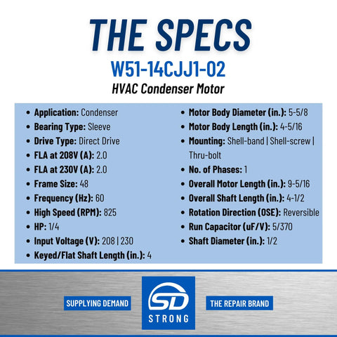 Spec sheet for HVAC Condenser Motor Replacement 0.25 HP, 1 Phase, 208-230V, 825 RPM Model Specific