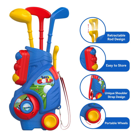 Toddler Golf Set With Upgraded Clubs And Shoulder Strap Carrier For Indoor Outdoor Play, Safe Durable Plastic Toys For Boys And Girls Ages 1 2 3 4, Perfect Gift For Little Golfers Who Love Mini Golf Action featuring vibrant colors, retractable rods, and portable wheels.