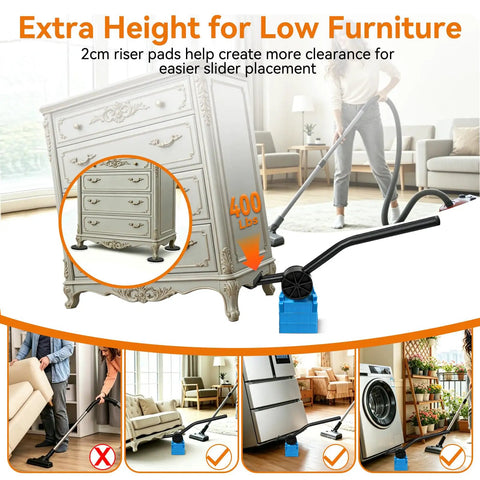 Heavy Duty Furniture Sliders With Lever Lift Tool, 12 Piece Multi Surface Moving Kit For Carpet Hardwood Floors, riser pads assisting low furniture.