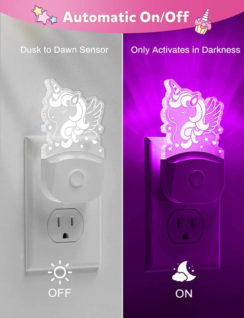 2 Pack Kids Night Light With Dusk To Dawn Sensor, 8 Color Changing LED Night Lights For Girls Bedroom, unicorn on off mode