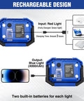 Beast Mode Brightness Rechargeable Magnetic LED Work Light With Stand; charging diagram shows dual battery setup and USB connections.
