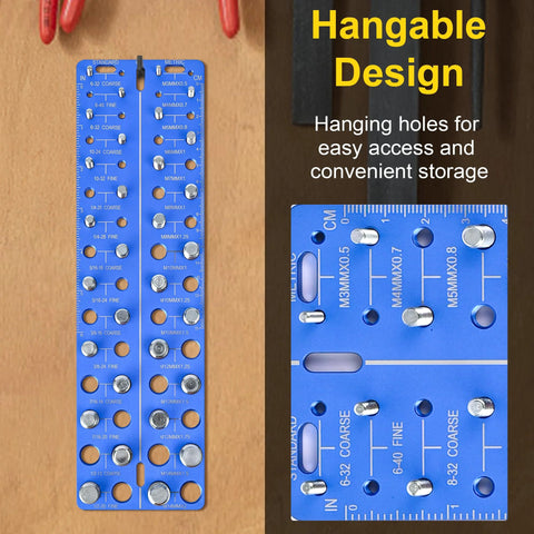 30-in-1 Nut & Bolt Thread Checker, blue two-panel wall-mount gauge with SAE and metric sizes and inch/CM rulers.