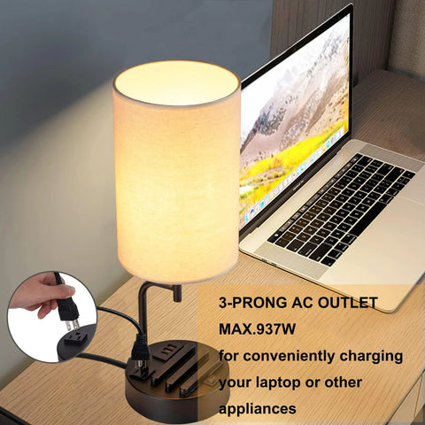 Bedside Table Lamp With Three USB Ports And AC Outlet Cream next to laptop, charging hub for all your devices, modern desk lamp.