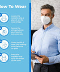 Man wearing Everyday KN95 Face Mask Pack for Adults and Kids With Five Layer Breathable Protection with how-to-wear instructions.
