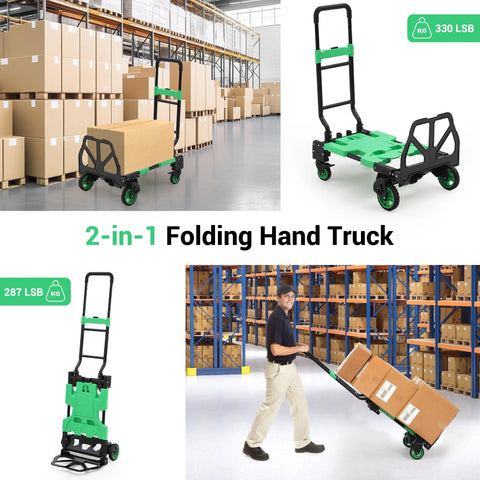 2-In-1 Folding Hand Truck With Basket Hauls 330 Lb Capacity And Switches From Upright Two-Wheel Dolly To Four-Wheel Platform Cart For Easy Moving Of Boxes Luggage Groceries And Home Gear Green, shown with boxes