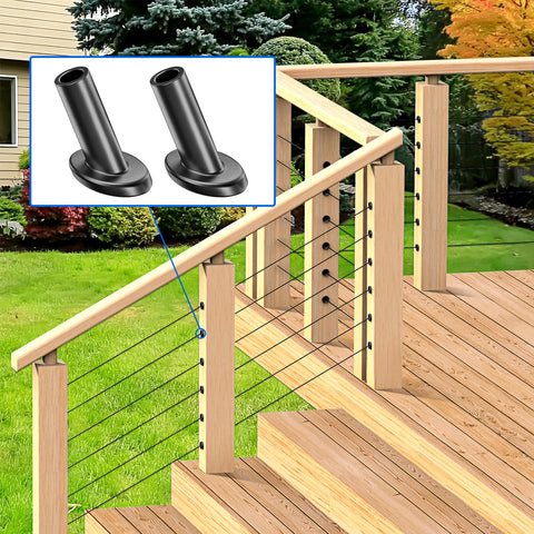 40 Pack Black 1/8 Inch Cable Railing Angle Beveled Protector Sleeves for Wood Posts, T316 Stainless Steel shown on deck